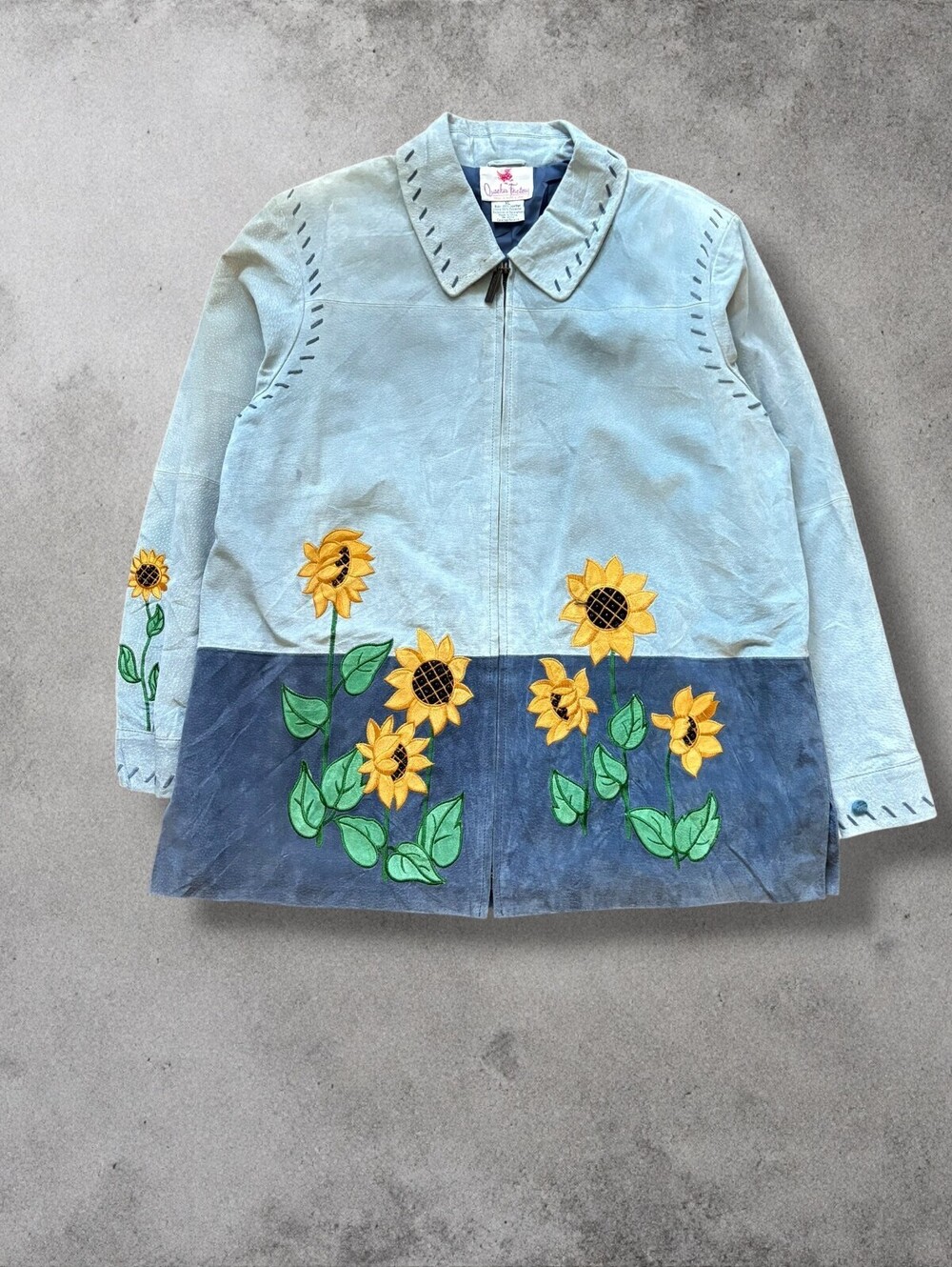 Vintage Quacker Factory Sunflower Graphic Suede Leather Jacket XL Cottage Core